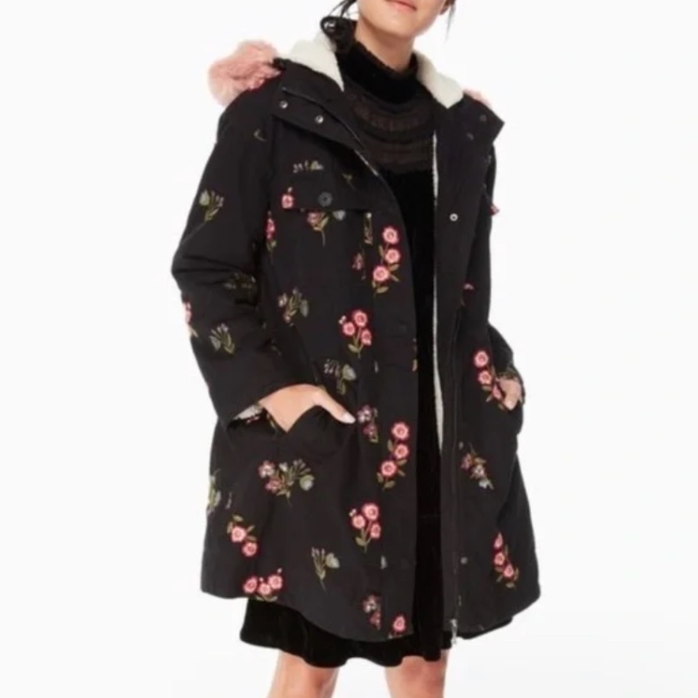Sale New Kate Spade Designer Embroidered Twill Coat w/ Pink Faux Fur w/ Gift